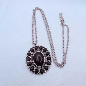 Vintage Black Enamel And Metal Pendant Necklace Oval Large Silver Tone 32-35”